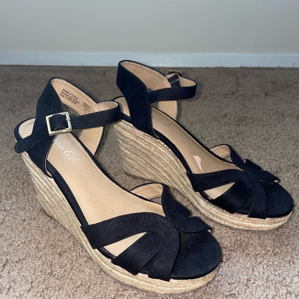 Open Toe Black Sandal 4.25” Wedge Heels, US Size 7.5